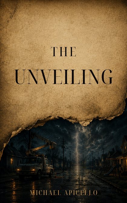 Cover of The Unveiling: torn parchment opening onto a dark street in a storm, a lineman's bucket truck under a bolt of lightning.
